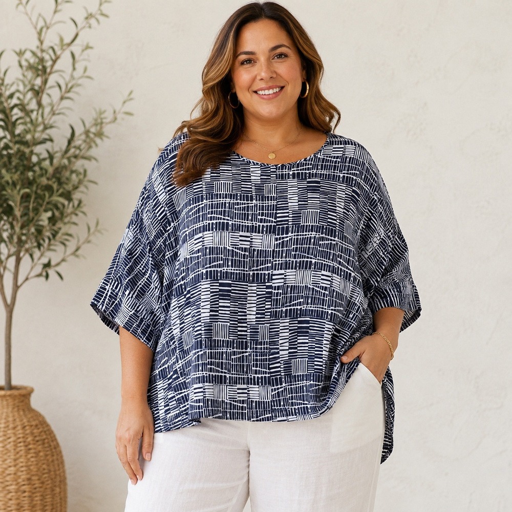 Lane Bryant Womens Navy White Geometric Abstract Boxy Top Plus Size 18/20